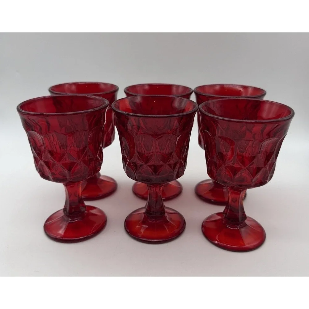 6 Vtg Noritake Perspective Ruby Red Cocktail Goblet Cadmium Glass UV Glow 4.75